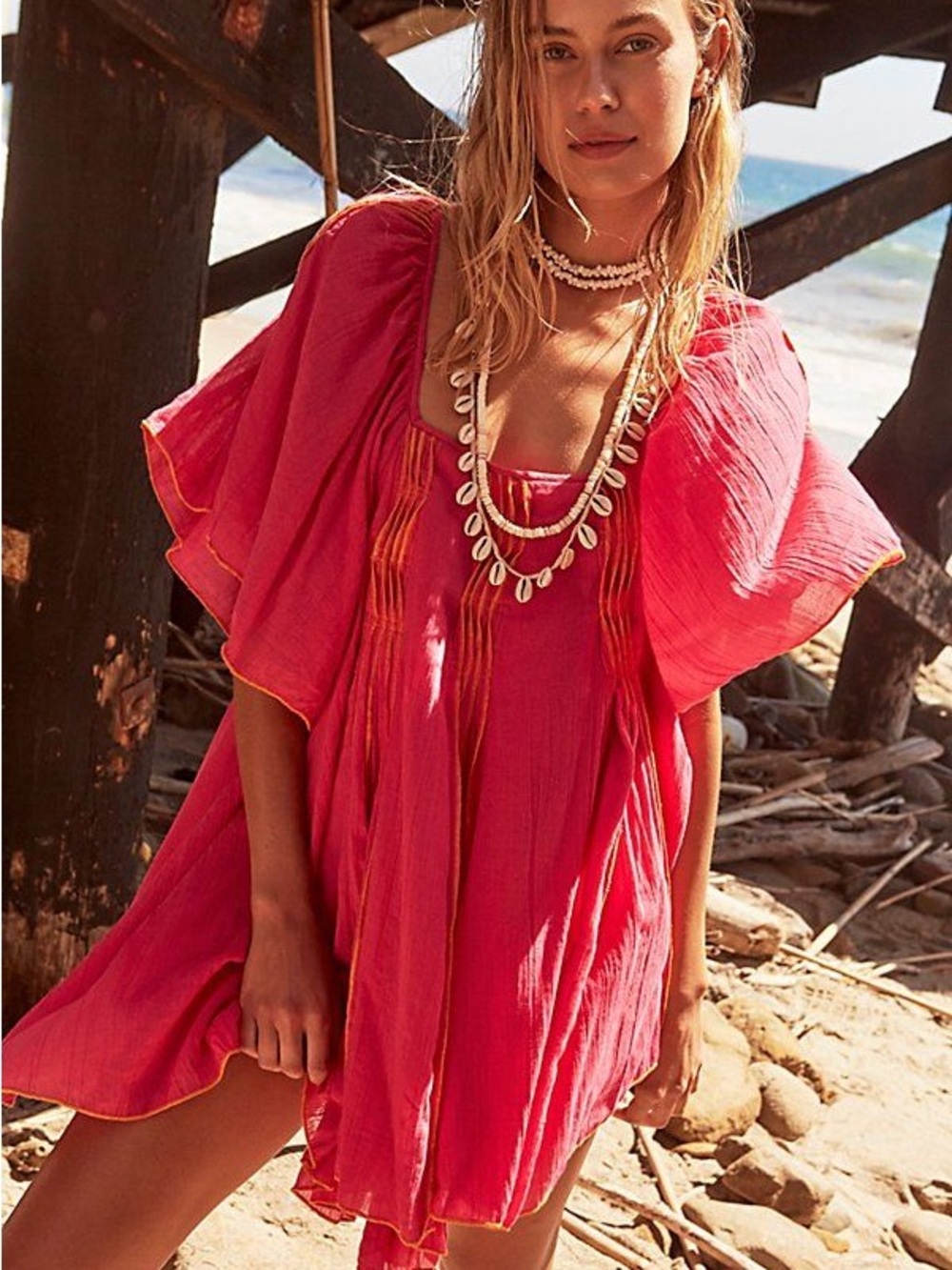Free People Pink Tassel Flutter Sleeve Contrast StitchTunic Dress